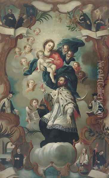 The Virgin and Child enthroned surrounded by saints Oil Painting - Spanish Colonial School