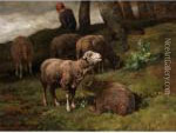 Shepherdess With Her Flock Oil Painting - Charles Emile Jacque