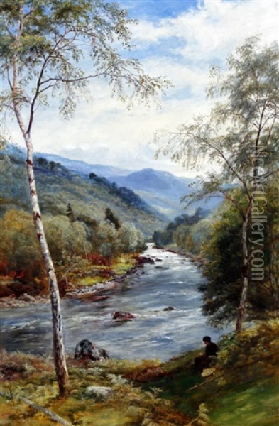 Scottish River Landscape With Fisherman On The Banks Oil Painting - John MacWhirter