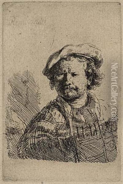 Self Portrait In A Flat Cap And Embroidered Dress Oil Painting - Rembrandt Van Rijn
