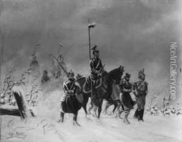 Winterpatrouille Im Krieg 
1870/71. Signiert Unten Links: Chr. Sell. Ol Auf Leinwand. H 27; B 35 
Cm. Oil Painting - Christian Ii Sell