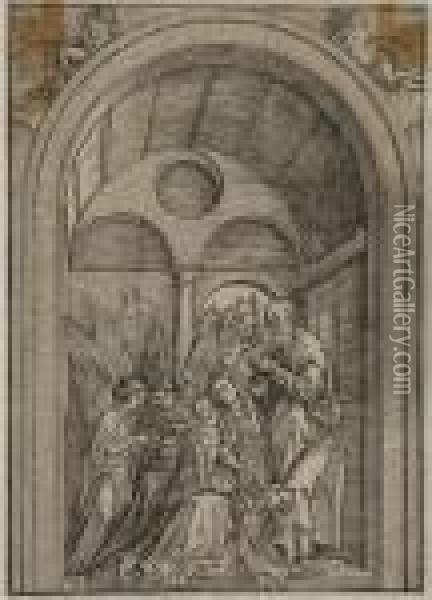 Holy Family With Two Angels In A Vaulted Halls Oil Painting - Albrecht Durer