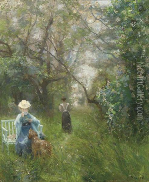 Tea In A Sunlit Glade Oil Painting - Alfred Roll