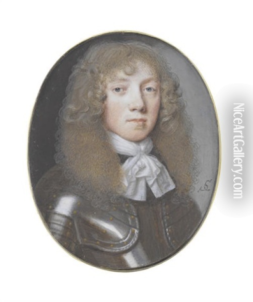 A Young Gentleman, Wearing Armor With Brass Studs And Twisted Trim To The Gardbrace And White Lace Edged Cravat Tied With A Thin White Thread Oil Painting - Samuel Cooper