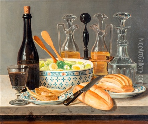 Dejeuner Met Salade En Wijn Oil Painting - Gabriel-Germain Joncherie