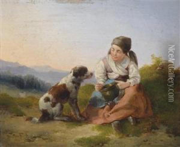Peasant Girlwith Dog Oil Painting - Dominik Schufried