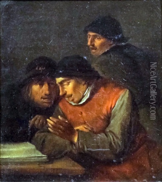 Three Peasants With A Book Discussing Its Meaning Oil Painting - Adriaen Brouwer