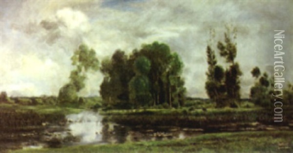 A Landscape With Ducks On The Water In The Foreground Oil Painting - Karl Cartier