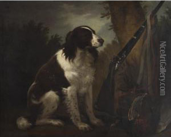 A Springer Spaniel And His Trophy In A Wood Oil Painting - John Nost Sartorius