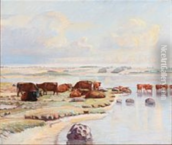 Koer Pa Engen Ved Dyrnaes Oil Painting - Poul S. Christiansen