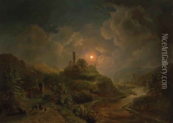 Moonlit Night With Castle Ruins And A Town By The River Oil Painting - Willem De Klerk