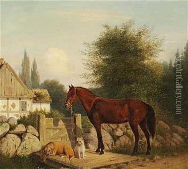 Hest Og To Hunde Ved Lagen Til Et Bindingsvaerkshus Oil Painting - Carl Henrik Bogh