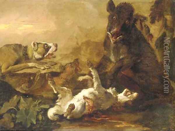 Dogs attacking a boar in a landscape Oil Painting - Abraham Danielsz. Hondius