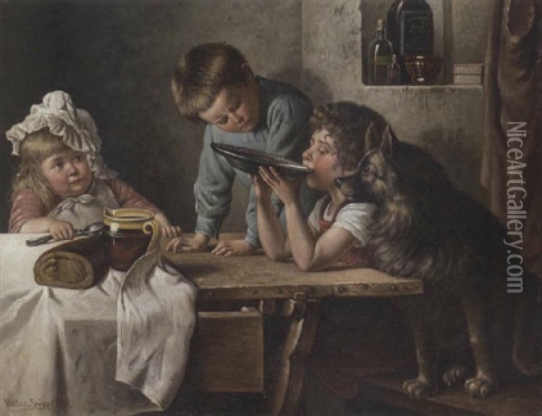 Kinder Mit Ihrem Hund In Der Stube Oil Painting - Victor Schivert