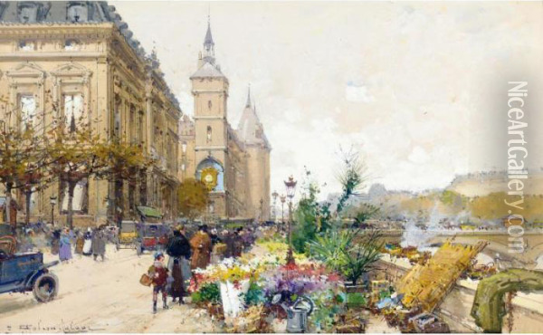 Le Marche Aux Fleurs Pres De La Conciergerie Oil Painting - Eugene Galien-Laloue