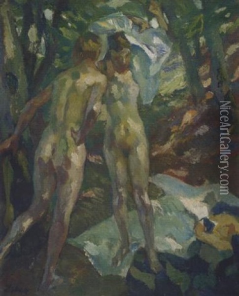 Zwei Weibliche Akt Im Wald Oil Painting - Leo Putz