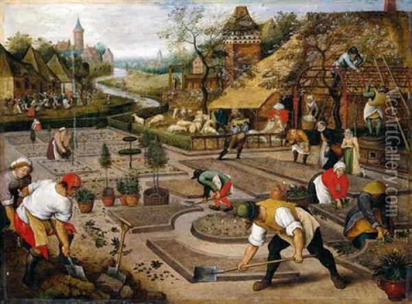 Spring: Gardeners Digging And Planting A Formal Garden Oil Painting - Pieter Brueghel the Younger