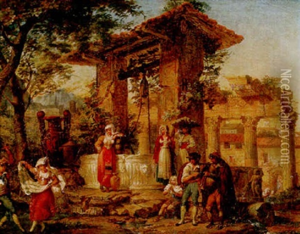 Figures Dancing Beside A Well In An Italian Village Oil Painting - Francois-Xavier Fabre