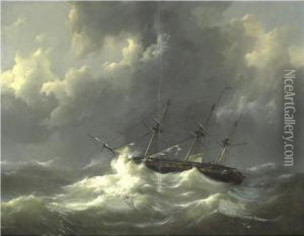 Ship In Distress Oil Painting - Johannes Christian Schotel