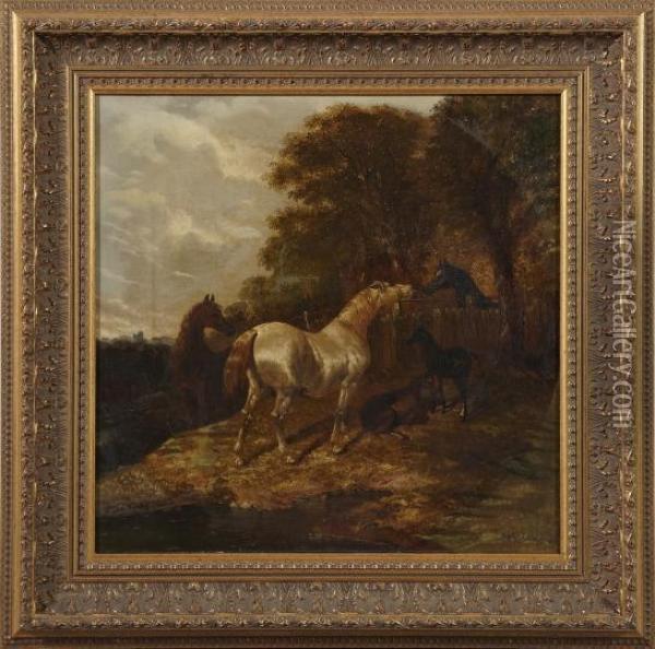 A Gray, 
Bay, 
Black Blaze And Two Foals At Fence Oil Painting - John Frederick Herring Snr