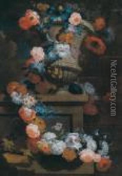 Vaso Di Pietra Decorato Con Fiori Oil Painting - Jean-Baptiste Monnoyer