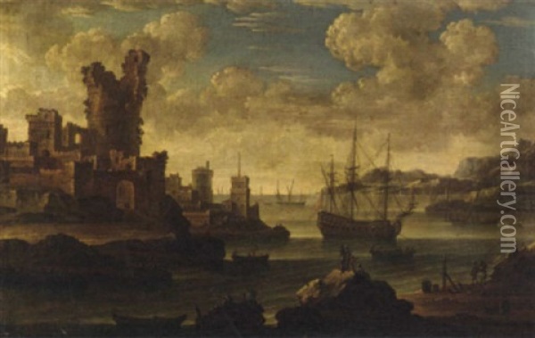 A Mediterranean Coastal Landscape Oil Painting - Adriaen Van Der Cabel