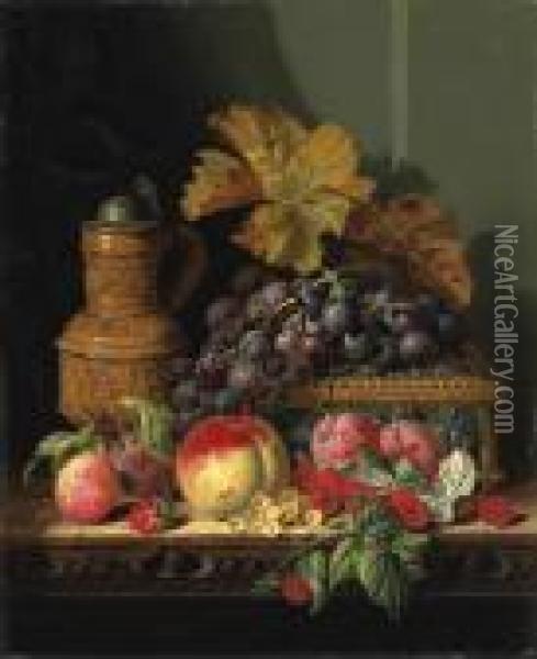 A Tankard With A Casket, Grapes,
 Plums, Raspberries, Whitecurrantsand A Peach, On A Wooden Ledge Oil Painting - Edward Ladell