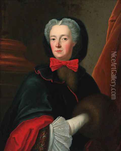 Portrait of a lady, half-length, in a black cloak with a red bow Oil Painting - Louis Tocque