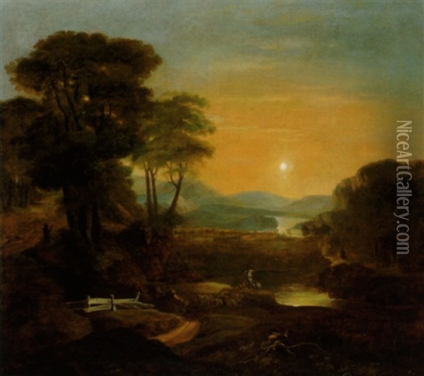 Weite, Bewaldete Flusslandschaft Bei Sonnenuntergang Oil Painting - Johann Christian Klengel