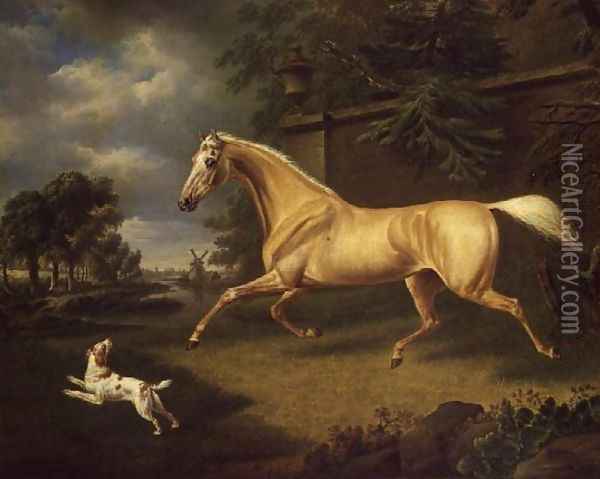 A Palomino frightened by an approaching storm with a spaniel Oil Painting - Charles Towne