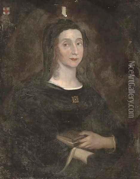 Portrait of a lady, half-length, in a black dress, holding a book in her left hand Oil Painting - English School