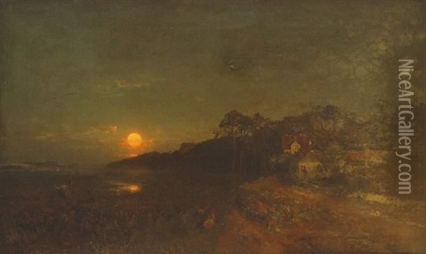 Abendstimmung Am Seeufer Mit Lichtspiel Der Abendsonne Auf Dem Wasser Oil Painting - Carl Julius E. Ludwig