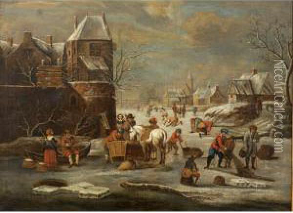 Figures On A Frozen Canal Oil Painting - Andries Vermeulen