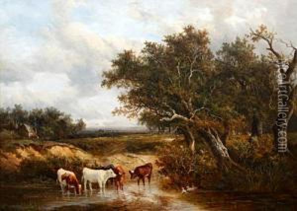 Cattle Watering In An Extensive Wooded Landscape Oil Painting - Joseph Thors