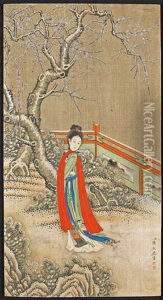 Lady In Snowy Landscape Oil Painting - Chen Mei