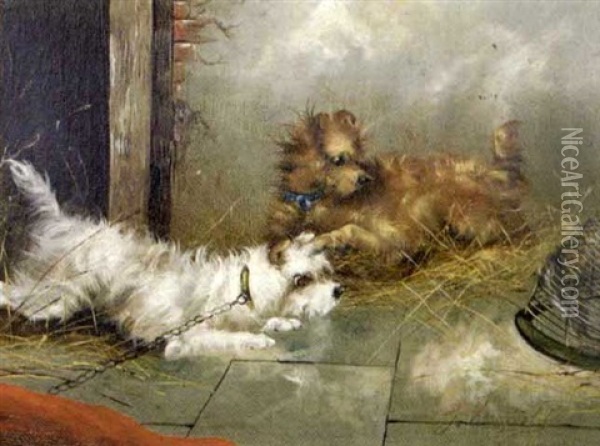 Terriers On A Leash, With A Ferret In A Cage Oil Painting - George Armfield