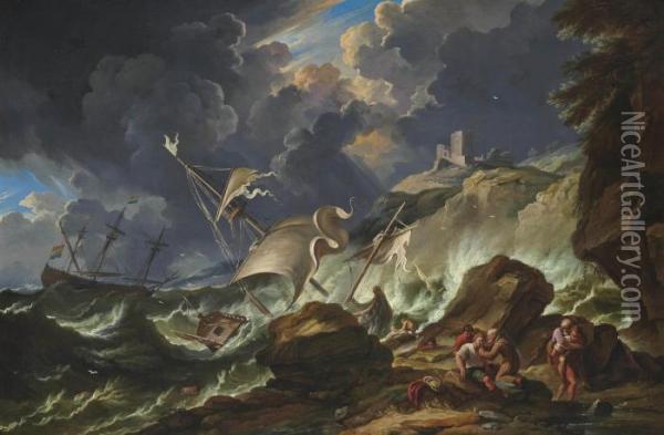 A Stormy Seascape With Dutch Shipping Being Wrecked Off The Coast Oil Painting - Carlo Antonio Tavella