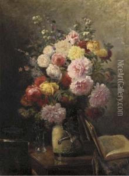 Pink, Red And Yellow Roses In A Ceramic Jug In An Interior Oil Painting - Tristan L. Jules Lacroix