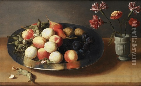 Peaches, Pears, Nuts And A Vase Of Carnations On A Table Top Oil Painting - Jacob Fopsen van Es