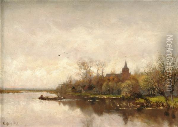 Fredericus Jacobus Van Rossum Du Chattel River Landscape With Church Oil Painting - Fredericus Jacobus Van Rossum Du Chattel