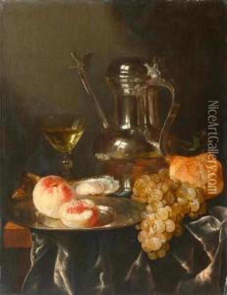 Still Life With Pewter Jug, Fruits, Oysters, Bread And Wine On A Table. Oil Painting - Abraham Hendrickz Van Beyeren