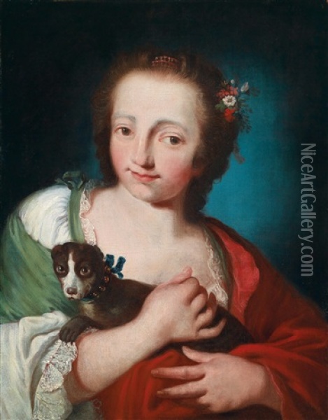 Ein Blumengeschmucktes Madchen Mit Einem Schoshund Auf Dem Arm Oil Painting - Giuseppe Nogari