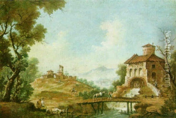 Mountainous River Landscape With A Rider Walking His Horse Across A Wooden Bridge Oil Painting - Giovanni Battista Cimaroli