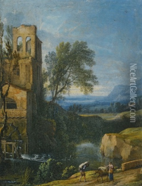 A River Landscape With A Watermill To The Left And Figures With A Donkey In The Foreground Oil Painting - Pierre Antoine Patel