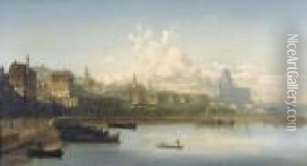 Hafenpartie Mit Booten In Sudlicher Stadt Mit Kathedrale Oil Painting - Karl Kaufmann