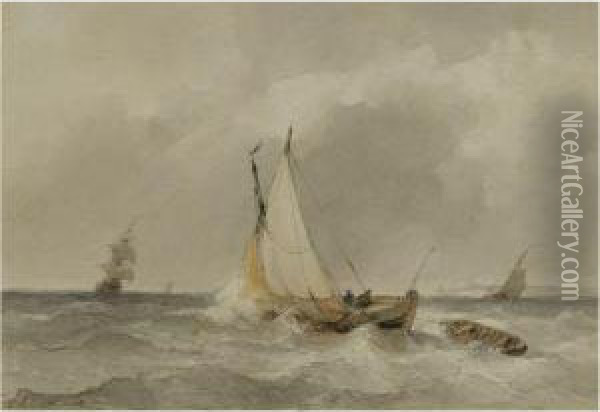 Sailing Vessels In Choppy Waters Oil Painting - Andreas Schelfhout