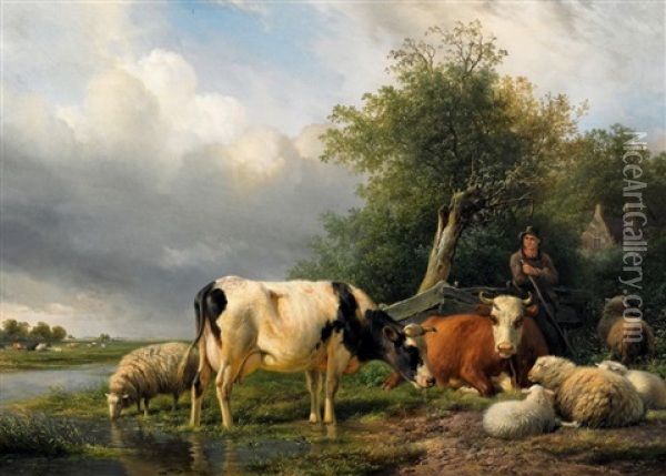 Weidendes Vieh Am Flussufer Oil Painting - Hendrik van de Sande Bakhuyzen