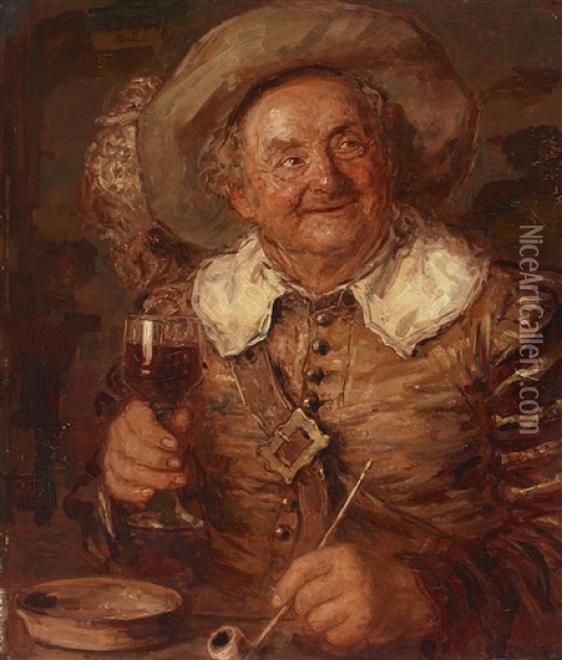Landsknecht Mit Weinglas Und Pfeife Oil Painting - Rudolf Robert Wolf
