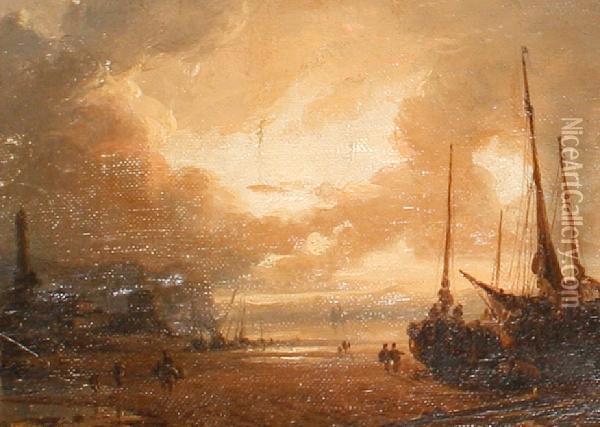 Harbour At Sunset Oil Painting - Richard Parkes Bonington