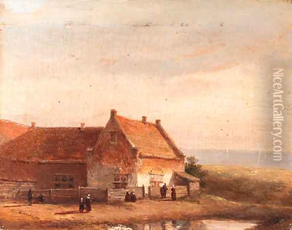 Fisherwomen standing by a house in the dunes Oil Painting - Kasparus Karsen